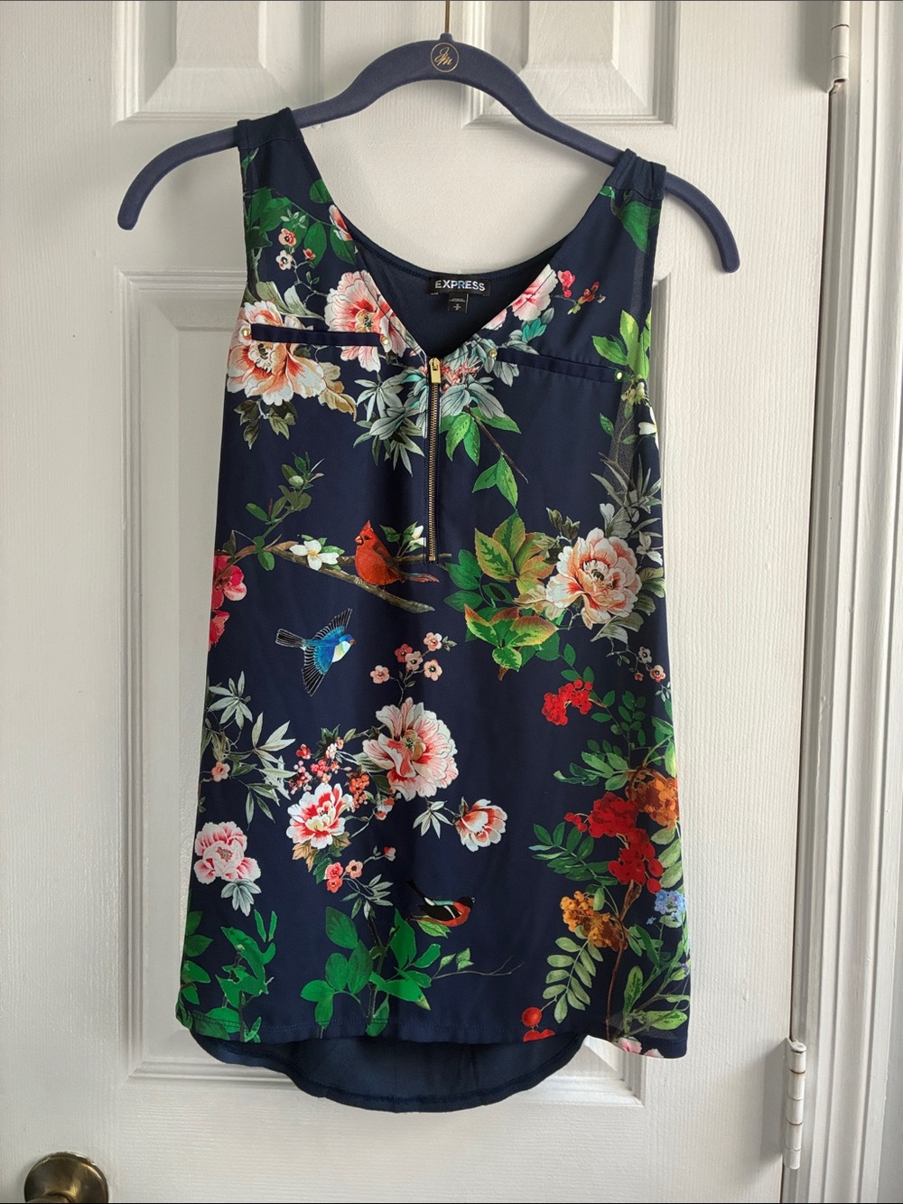 Express Navy Floral & Bird Zip-Front Tank Top